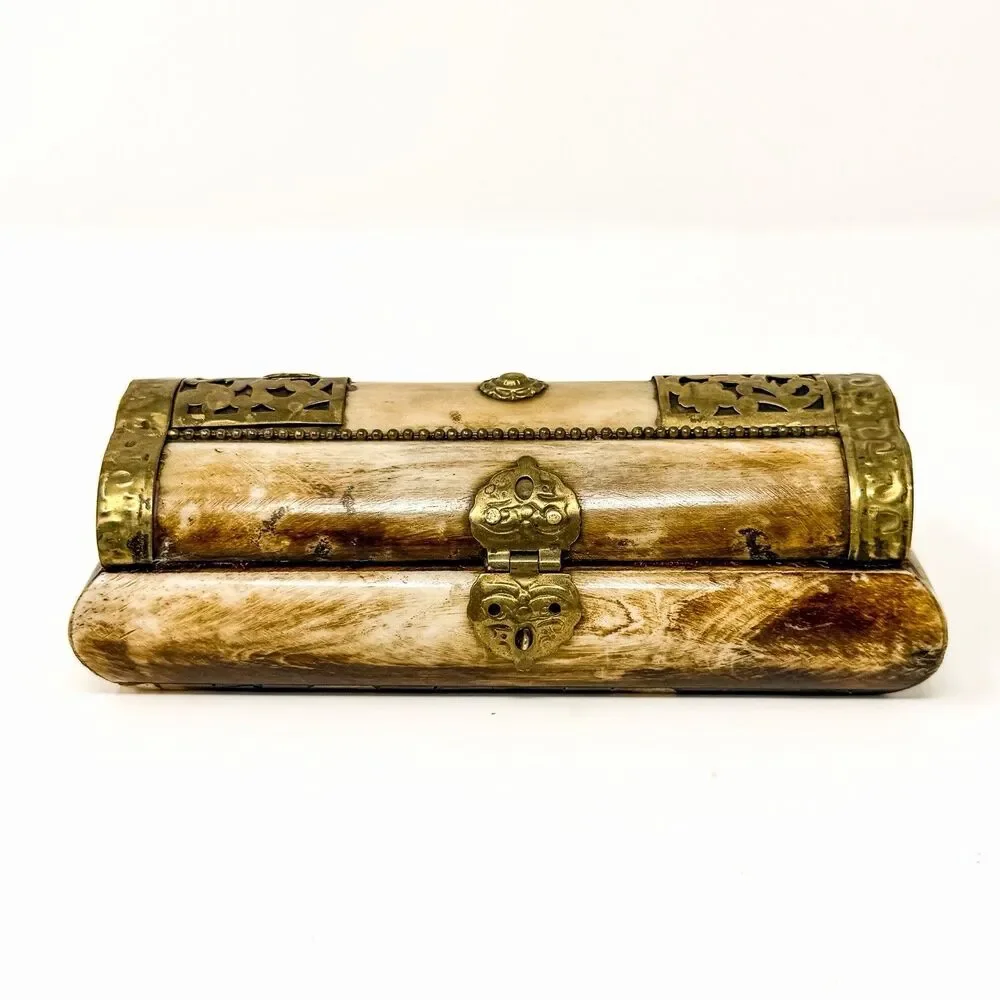 Vintage Handmade Camel Bone Jewelry Box Brass Inlay Trinket Keepsake Box 6”